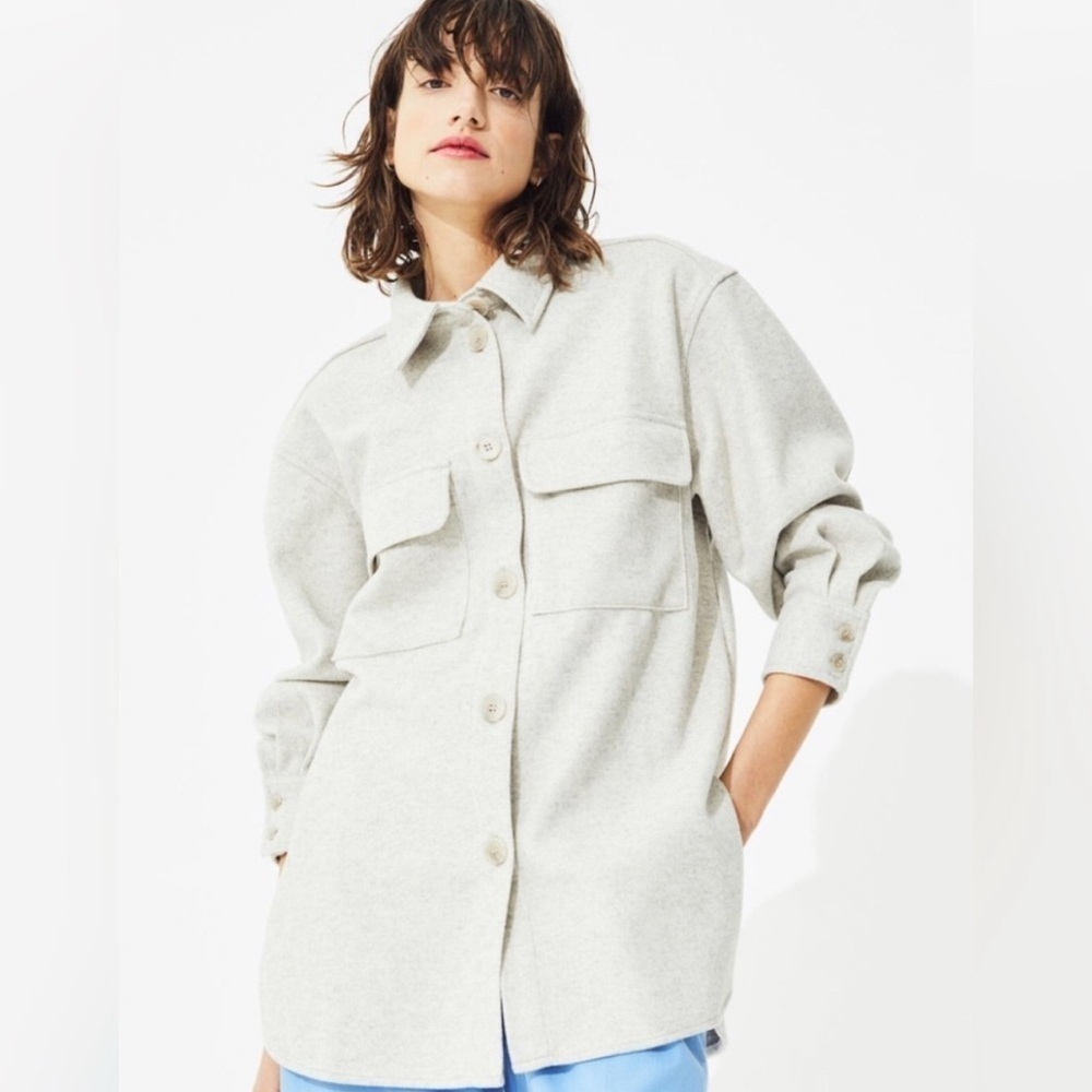 H&M Women’s Beige Melange Jersey Shirt Jacket Shacket Utility Overshirt Medium